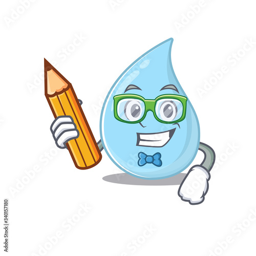 A brainy student raindrop cartoon character with pencil and glasses