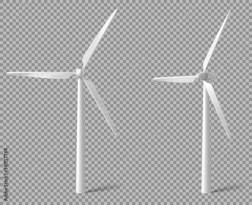 Wind turbine front and angle view. Alternative renewable power generation, green energy concept. Vector realistic mockup of windmill with white vanes isolated on transparent background photo