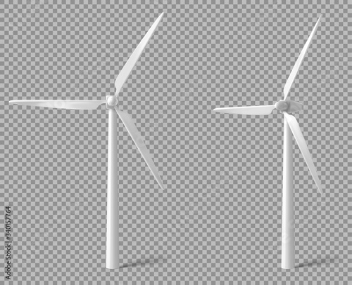 Wind turbine front and angle view. Alternative renewable power generation, green energy concept. Vector realistic mockup of windmill with white vanes isolated on transparent background