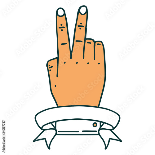 victory v hand gesture with banner illustration