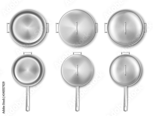 Metal cooking pot and frying pan top view. Vector realistic mockup of empty steel saucepan and skillet with handles and lid. Stainless casserole, kitchen utensil isolated on white background