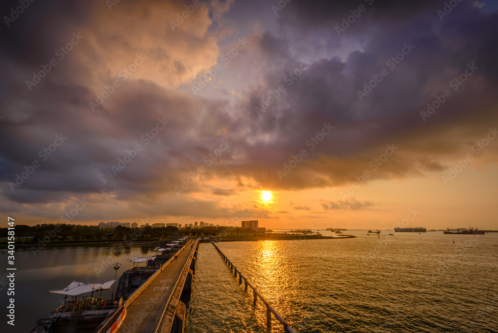 Singapore 2018 Dawn at Marina Barrage over look to 
Pulau Ujong Breakwater

