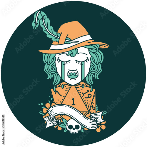 crying orc bard character with natural one D20 roll icon