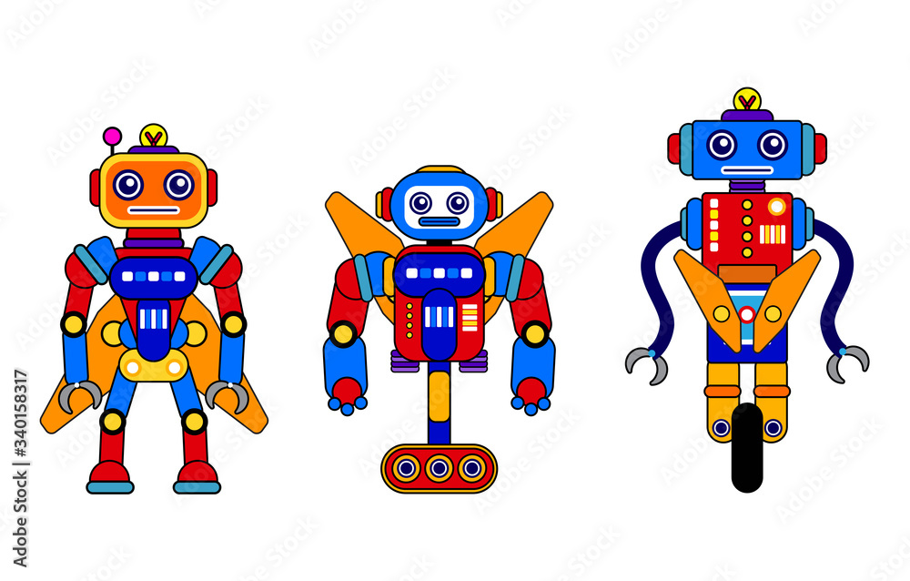 Set of 3 colorful robots on a white background. Cartoon style. Vector illustration. Robot toys. Machine Set of 3 colorful robots on a white background. Cartoon style. Vector illustration. Robot toys. Machine