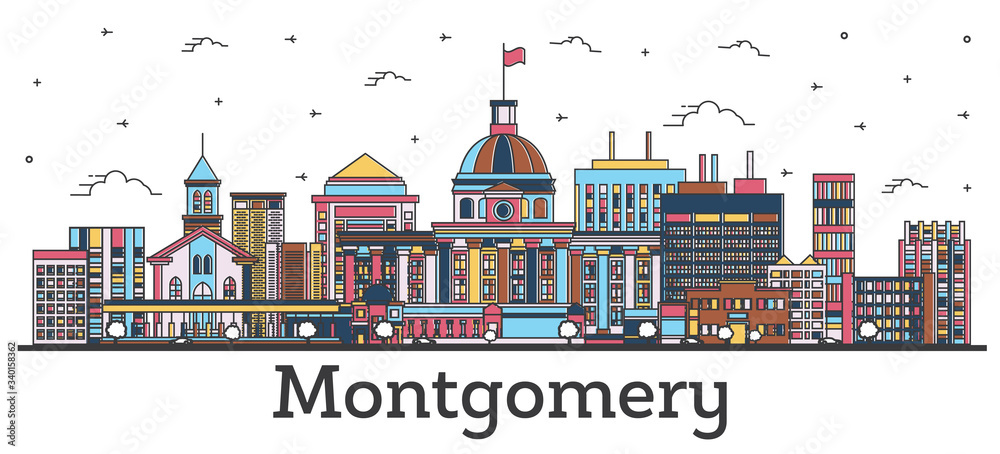 Outline Montgomery Alabama City Skyline with Color Buildings Isolated on White.