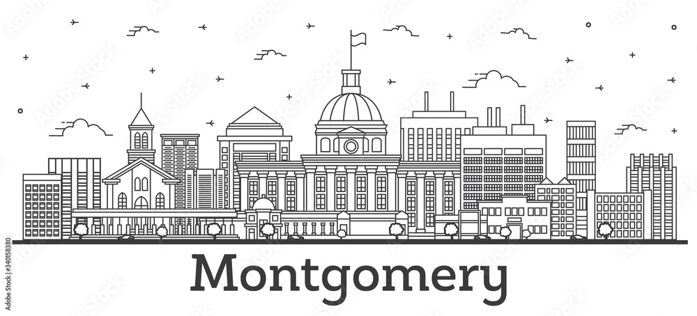 Outline Montgomery Alabama City Skyline with Modern Buildings Isolated on White.