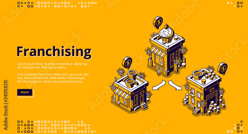 Franchising isometric landing page. Franchise business branch expansion. Small enterprise, company, shop, retail store or service with home office, corporate headquarter, 3d vector line art web banner