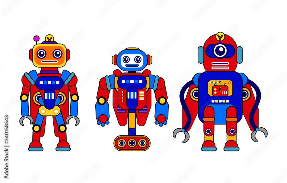 Set of 3 colorful robots on a white background. Cartoon style. Vector illustration. Robot toys. Machine
