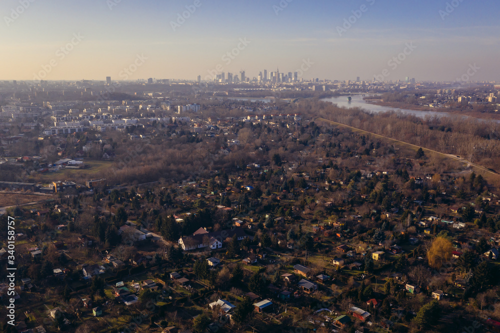 Drone view of allotments in Mokotow district of Warsaw, capital city of Poland