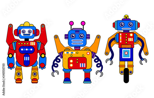 Set of 3 colorful robots on a white background. Cartoon style. Vector illustration. Robot toys. Machine