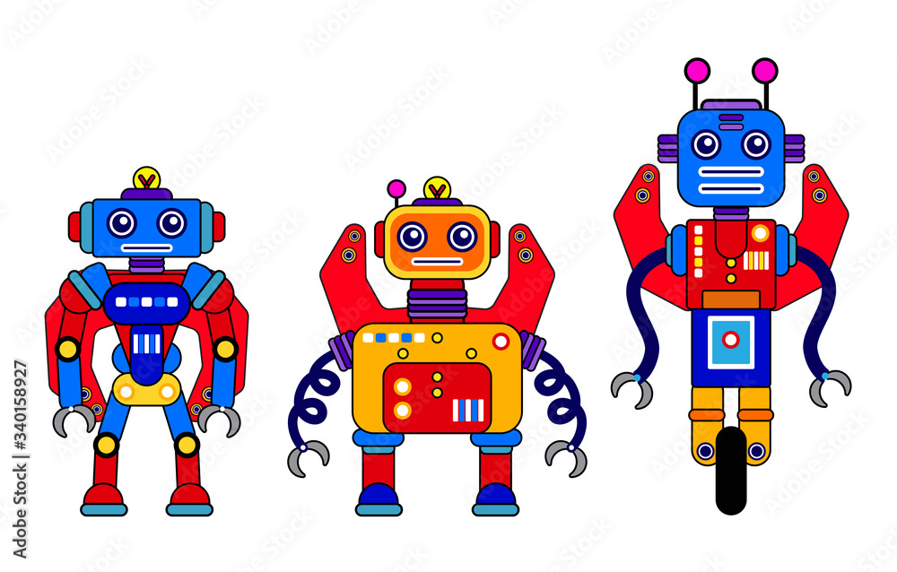 Set of 3 colorful robots on a white background. Cartoon style. Vector illustration. Robot toys. Machine Set of 3 colorful robots on a white background. Cartoon style. Vector illustration. Robot toys. Machine
