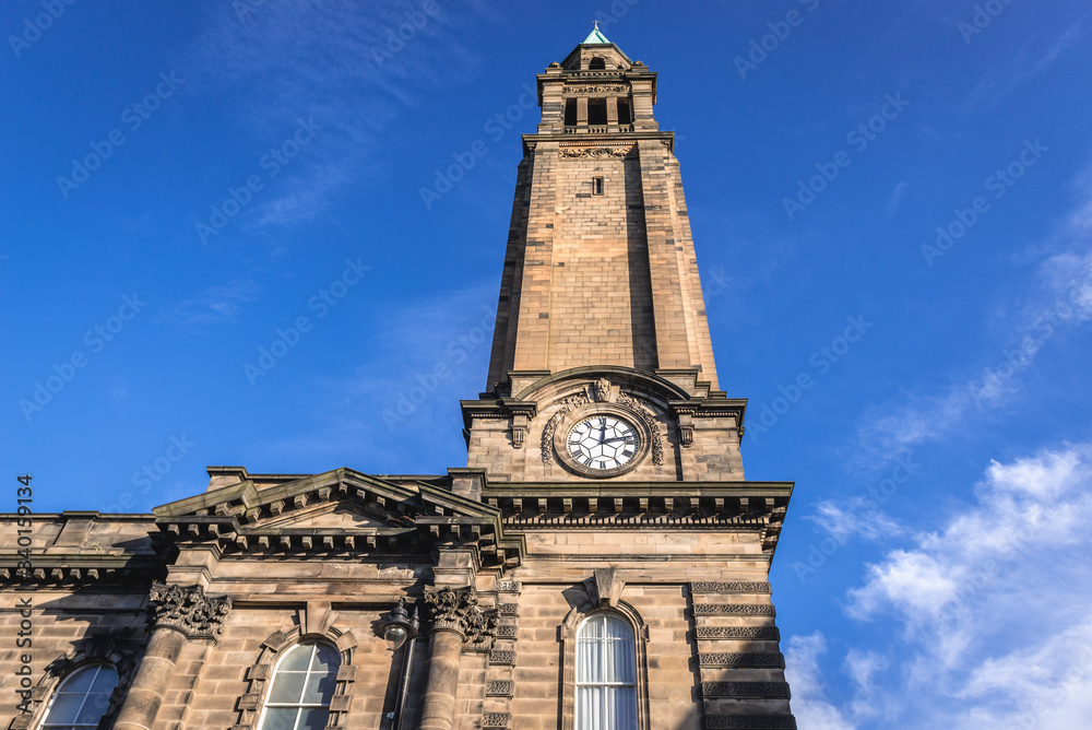 Tower of Independent Baptist Church called Charlotte Chapel in Edinburgh city, Scotland, UK