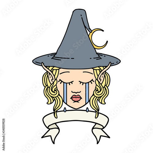 crying elf mage character face wiht banner illustration