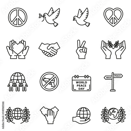 Peace icons set with white background. Thin line style stock vector.