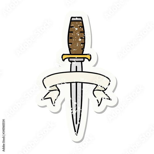 grunge sticker with banner of a dagger