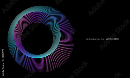 Abstract circles lines pattern round frame colorful blue green purple light isolated on black background. Vector illustration in concept digital, technology, modern, science.
