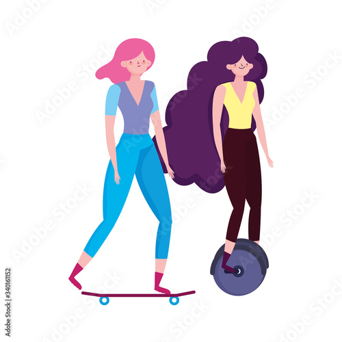 eco friendly transport, women riding unicycle and skateboard