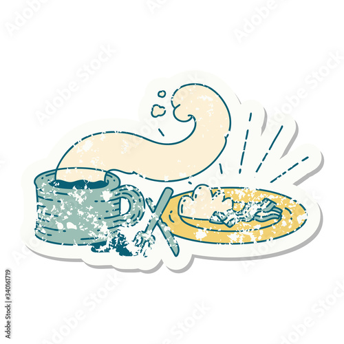 grunge sticker of tattoo style breakfast and coffee