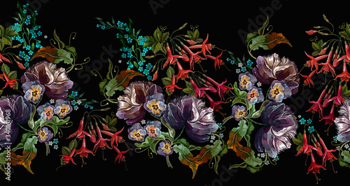 Embroidery. Violet flowers, meadow herbs and red fuchsia. Horizontal seamless pattern. Template for design of clothes, tapestry. Summer botanical garden art