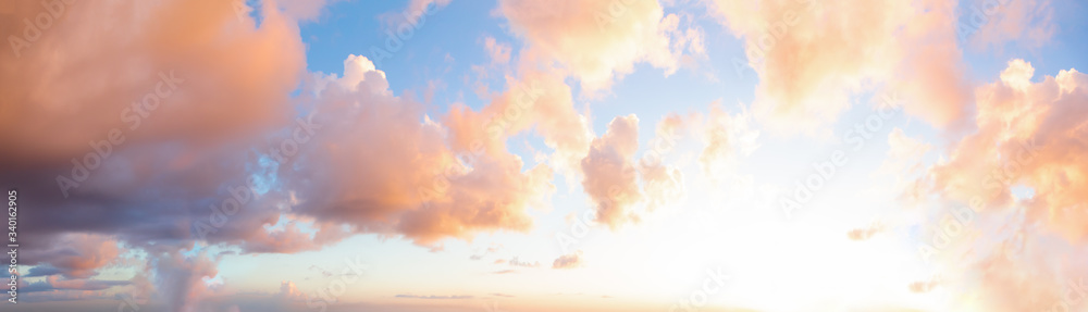 Dramatic Panoramic View of a cloudscape during a cloudy and colorful morning sunrise. Taken over Havana, Cuba.