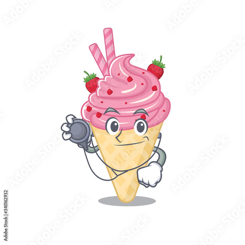 Strawberry ice cream in doctor cartoon character with tools