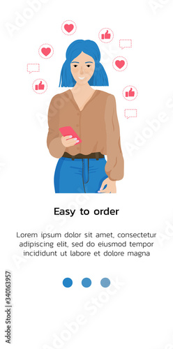 Vector illustration with page for mobile application for contactless delivery. Girl makes a parcel delivery order in a mobile phone. Fast delivery of food, appliances, shopping home.