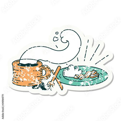 grunge sticker of tattoo style breakfast and coffee