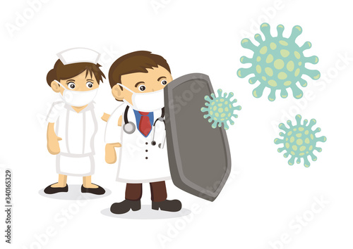 Doctor with a shield protecting against coronavirus. Concept of epidemic or pandemic