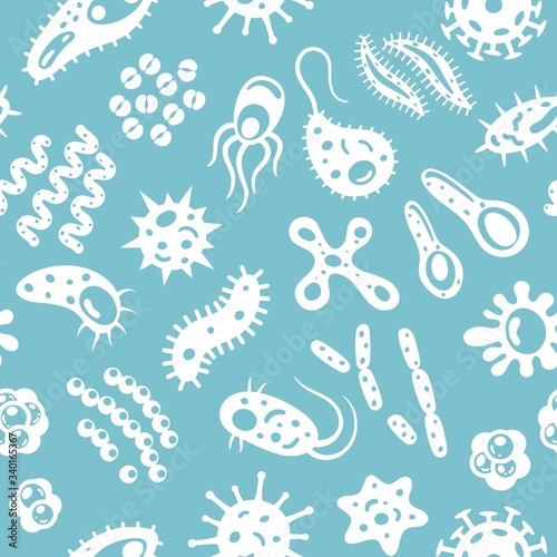Seamless pattern with silhouettes of bacteria, viruses and germs. Microorganism cells repeating background for textil design, wrapping papper, wallpapper.