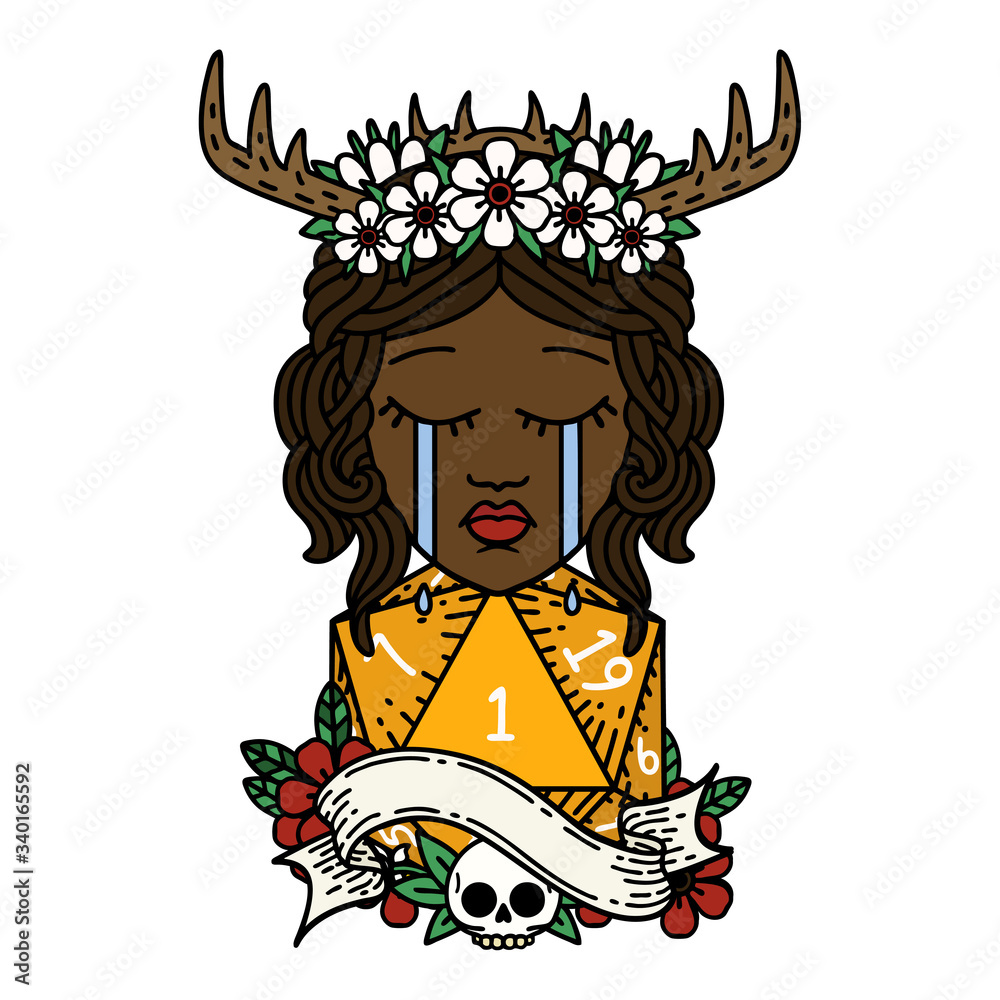 crying human druid with natural one d20 roll illustration crying human druid with natural one d20 roll illustration