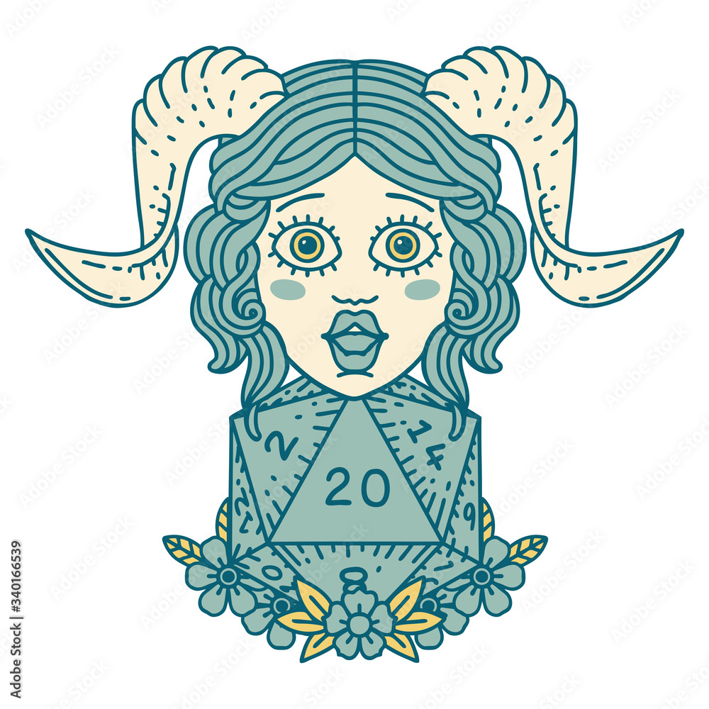 tiefling with D20 natural twenty dice roll illustration tiefling with D20 natural twenty dice roll illustration