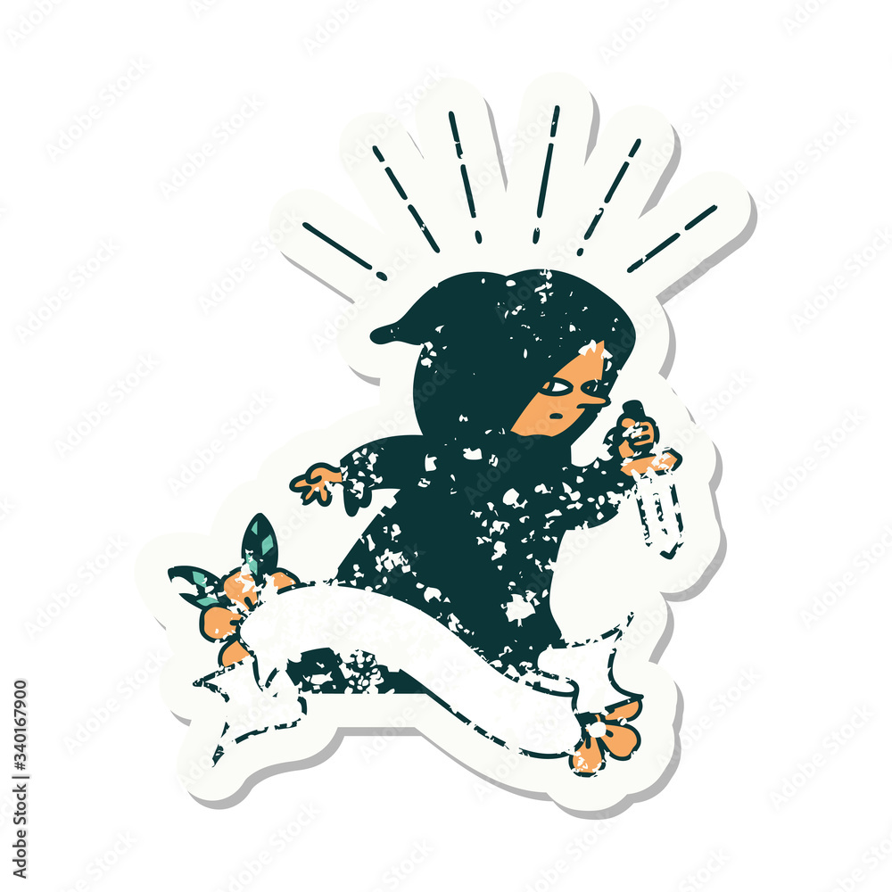 grunge sticker of tattoo style assassin with knife