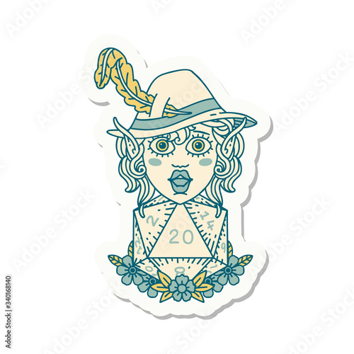 elf bard character with natural twenty dice roll sticker