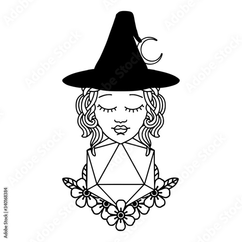 human witch with natural twenty dice roll illustration