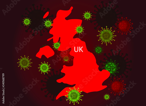 UK map with covid-19 virus concept. Coronavirus is spread to all over the world and infected to countries. Vector illustration of map design with influenza virus. Covid 19 United kingdom map.  © awesome artt