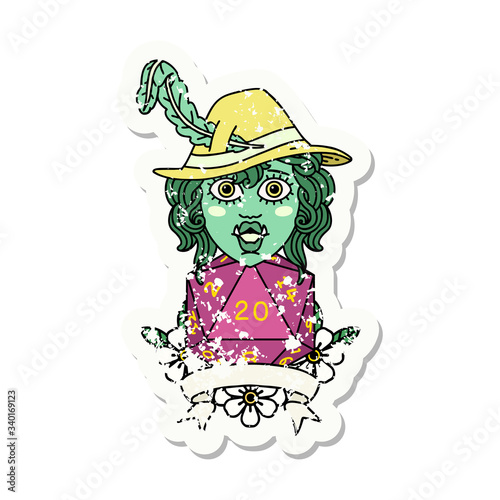 half orc bard with natural 20 dice roll grunge sticker