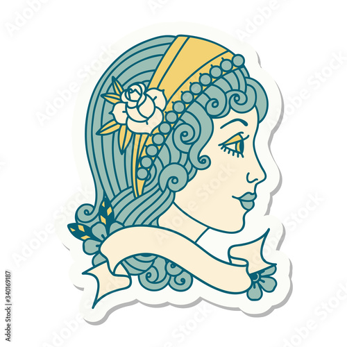 tattoo sticker with banner of a gypsy head