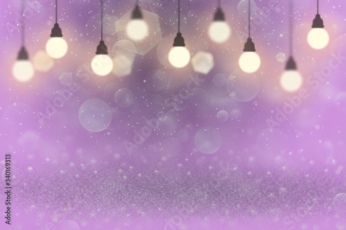 fantastic sparkling glitter lights defocused bokeh abstract background with light bulbs and falling snow flakes fly, celebratory mockup texture with blank space for your content
