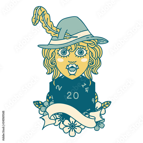 singing half orc bard character with natural twenty dice roll illustration