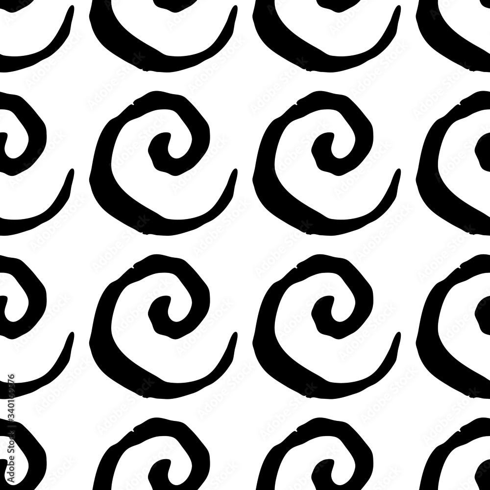 Hand drawn seamless pattern of black ink spirals. Trendy vector illustration for design of textile, decor, wrapping paper and other.