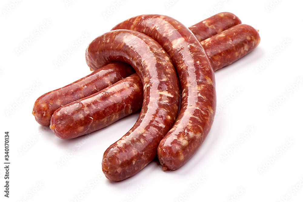 Fresh beef sausages, isolated on white background Fresh beef sausages, isolated on white background