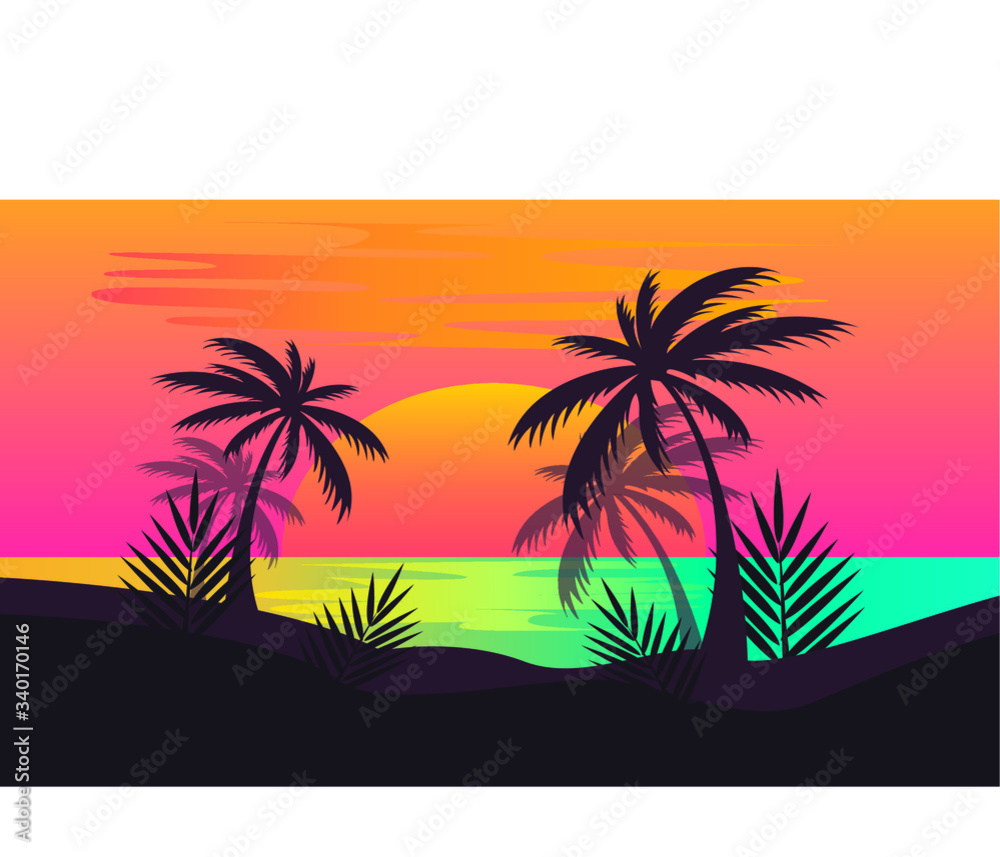 Sea and palms illustration sunset at the beach