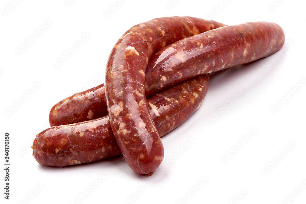 Fresh raw beef sausages, isolated on white background Fresh raw beef sausages, isolated on white background