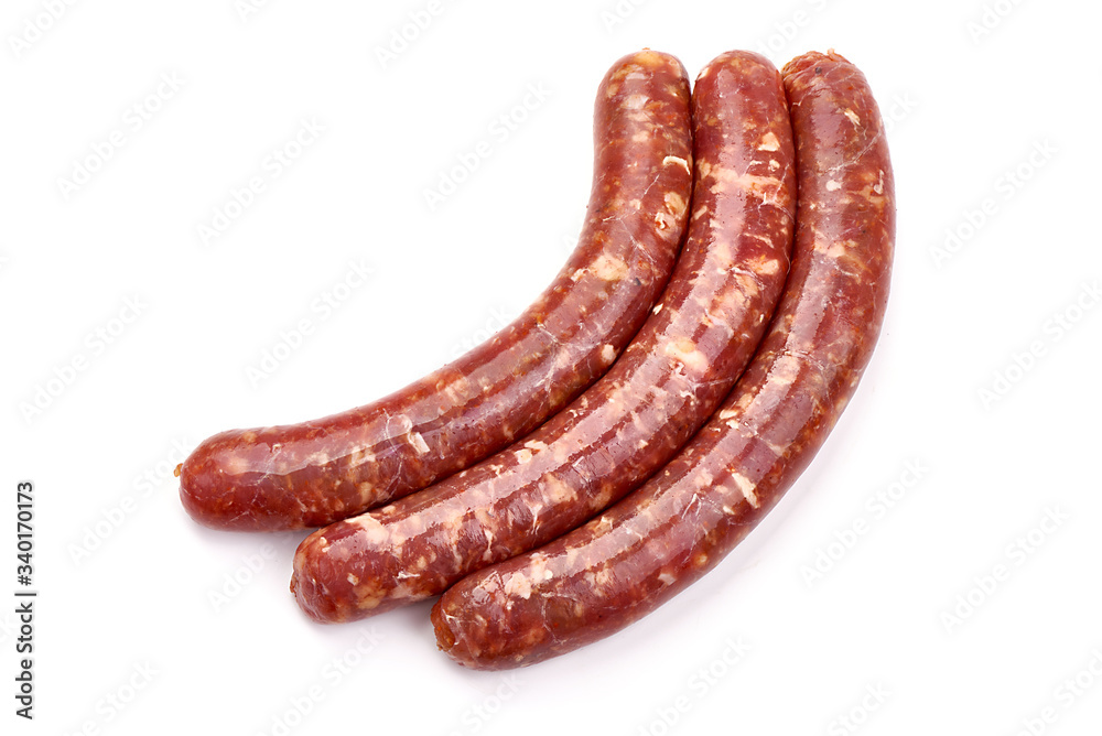 Fresh beef sausages, isolated on white background Fresh beef sausages, isolated on white background