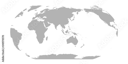 World Map in Robinson Projection. Asia and Australia centered. Solid gray land silhouette. Vector illustration