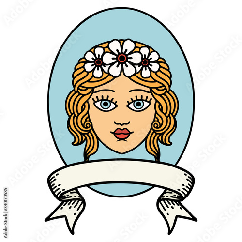 tattoo with banner of a maiden with crown of flowers