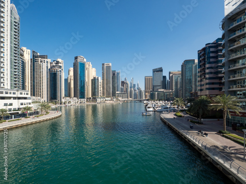 DUBAI, UAE - February 2020: Modern buildings in Dubai Marina, Dubai, UAE. In the city of artificial channel length of 3 kilometers along the Persian Gulf, taken on February 2020 in Dubai. © ikmerc