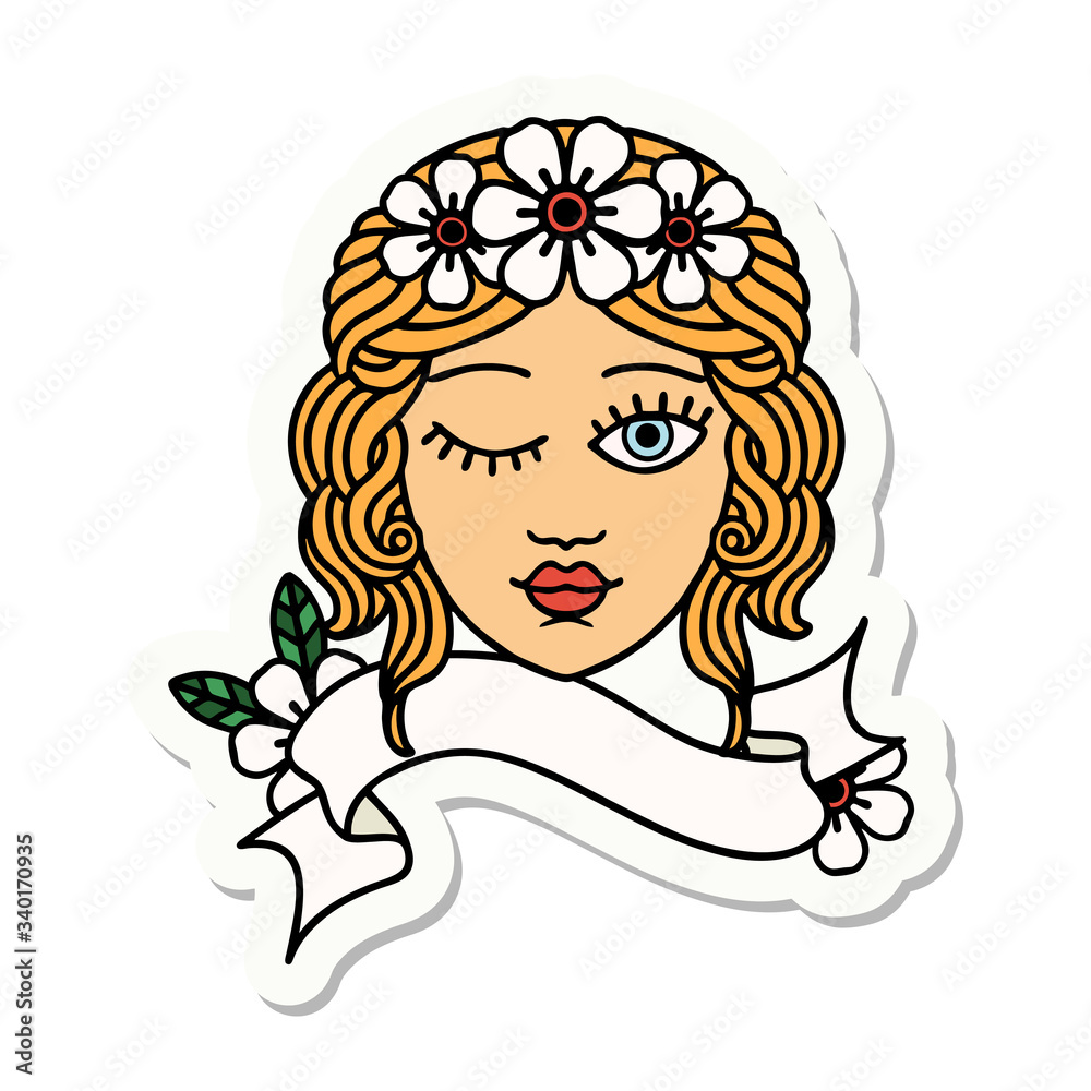 tattoo sticker with banner of a maidens face winking