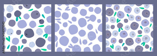 three seamless patterns with abstract blueberries, bilberries and green leaves on a white background