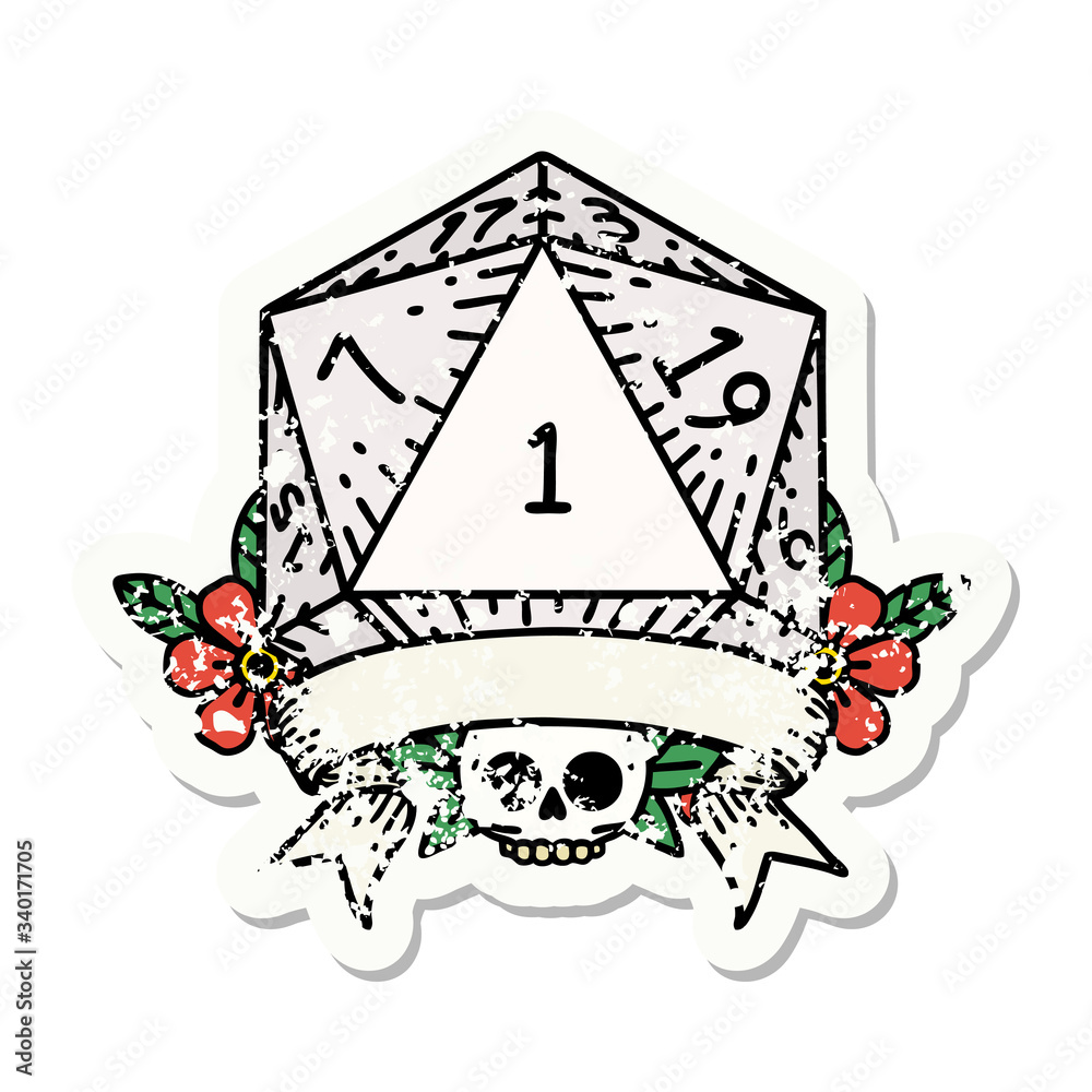 natural one d20 dice roll grunge sticker natural one d20 dice roll grunge sticker